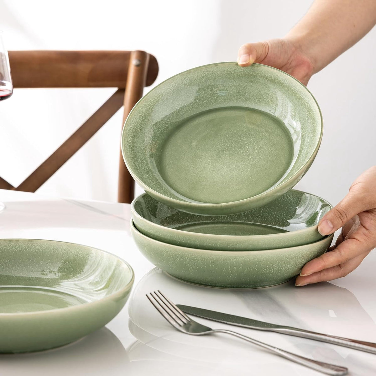 AmorArc 8.5'' Large Ceramic Pasta Bowls Set, 36oz Stoneware Bowls Set of 6 for Kitchen, Reavtive Glaze Bowls-Microwave,Dishwasher Safe for Pasta,Salad,Oatmeal-Ceylon Blue