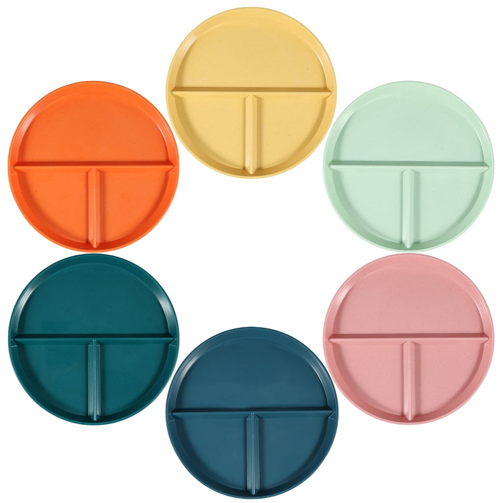 Evjurcn 6Pcs Divided Dinner Plates 3 Compartment Unbreakable Dinner Diet Plates Stackable Portion Control Dish Reusable Divider Plates Microwave Dishwasher Safe for Kids Adults Seniors