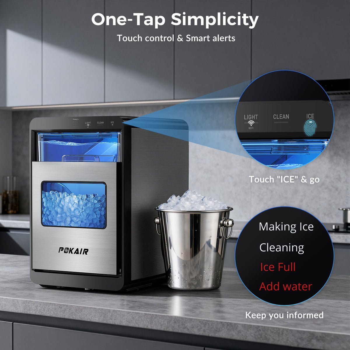 POKAIR Smart Nugget Ice Maker Countertop, Wi-Fi App Controlled Portable Ice Maker 44lbs/Day, Soft Chewable Pebble Ice in 9 Minutes, Self-Cleaning, Stainless Steel Ice Machine for Home & RVs