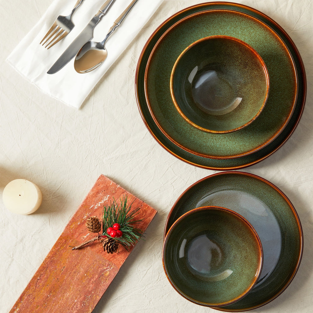 Pokini 12-Piece Stoneware Dinnerware Sets, Plates and Bowls Dish Sets for 4, Brown Green