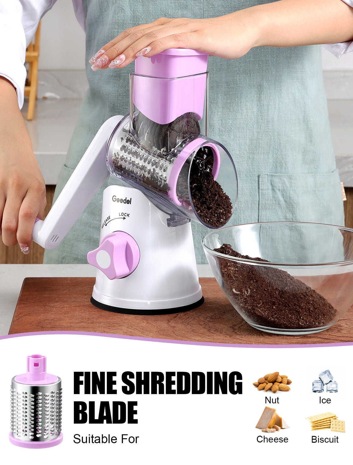 Geedel Rotary Cheese Grater, Kitchen Grater with Strong Suction Base, Dishwasher Safe, Easy to Clean Grater for Cheese,Vegetable, Nuts (3 Blades)