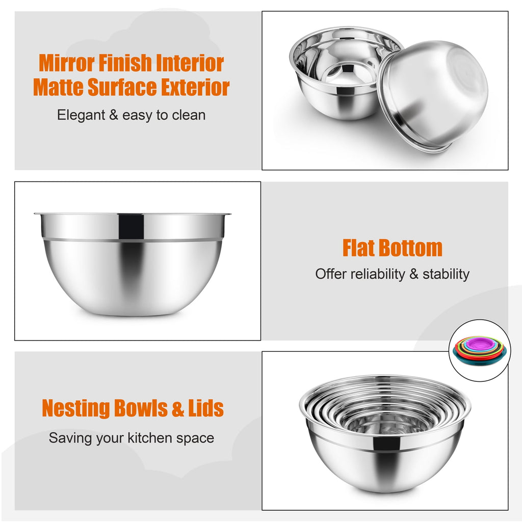 Mixing Bowls with Lids Set of 5, Vesteel Stainless Steel Mixing Bowls Metal Nesting Salad Bowls, Size 4.5, 3, 1.5, 1, 0.7 QT Great for Cooking, Baking, Serving - Multi-Color