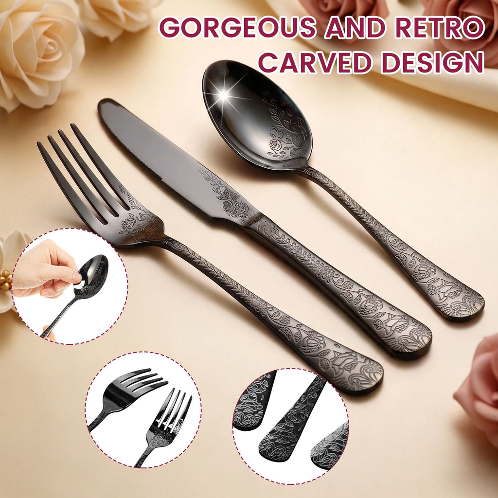 20 Pcs Floral Silverware Set Including Fork Spoon and Knife Stainless Steel Flatware Set Vintage Cutlery Set Mirror Polished Utensil Set for Kitchen Dishwasher Safe Service for 4
