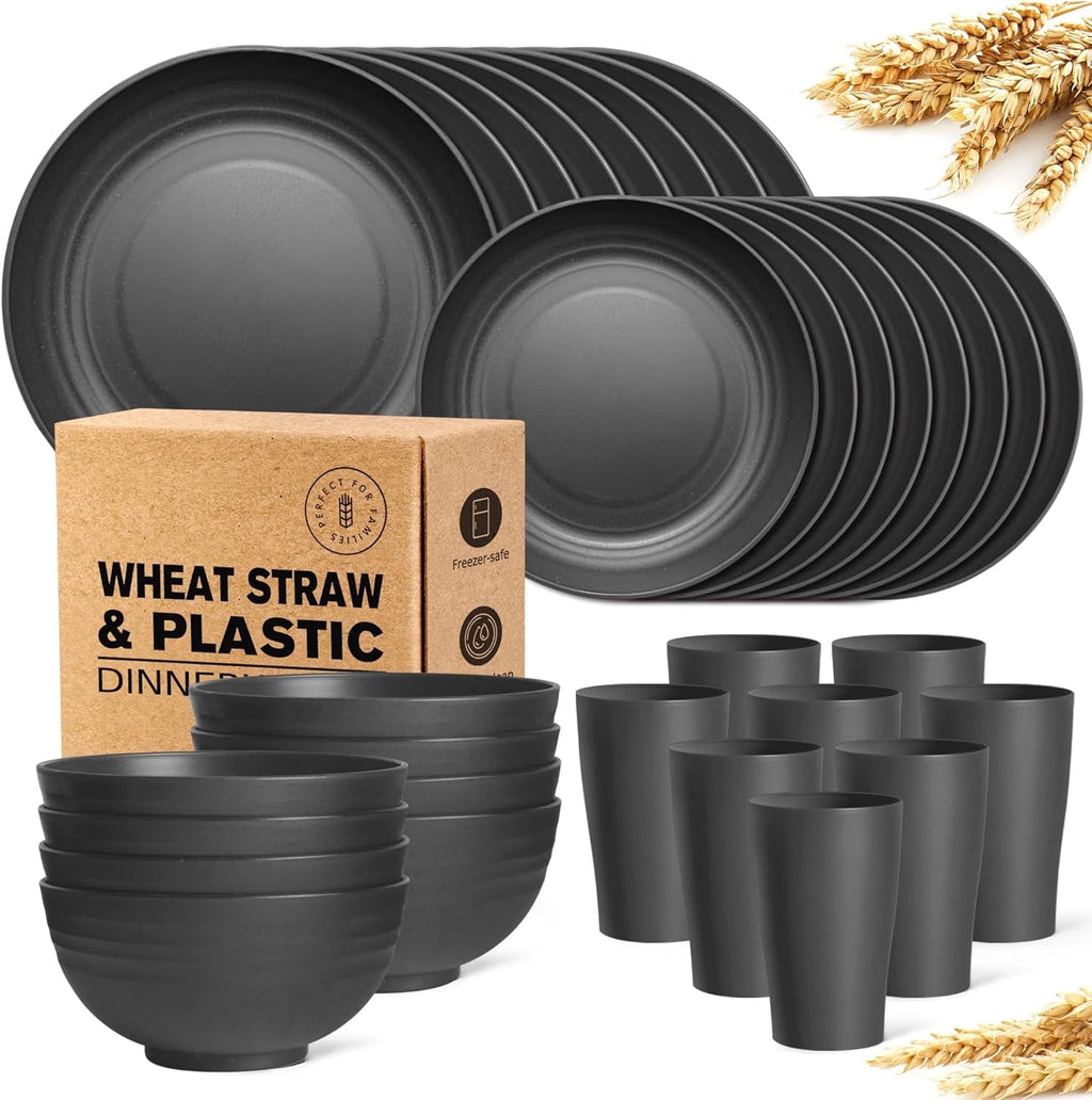 32-Piece Wheat Straw Dinnerware Set, Service for 8, Unbreakable Plates, Bowls & Cups, Eco-Friendly, Dishwasher Safe, , Apartments, Black