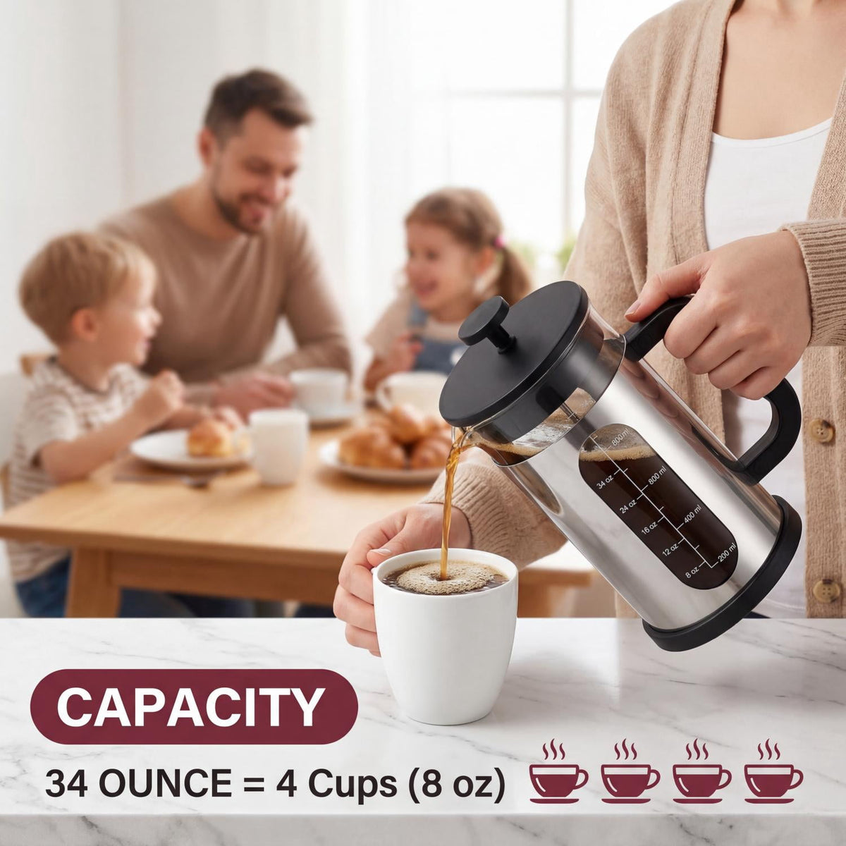 Glass French Press Coffee Maker, 304 Stainless Steel Heat Resistant Durable, Borosilicate Glass Coffee Press, 34oz