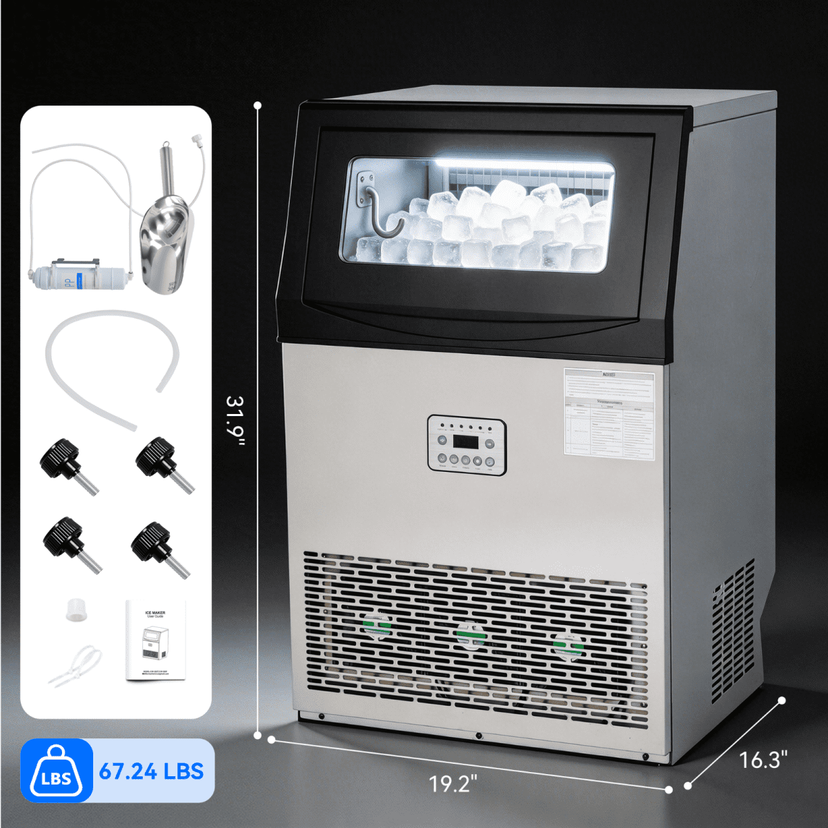 Commercial Ice Maker Machine, 110 Lbs/24H with 33 Lbs Storage, 50 Cubes, Under Counter/Freestanding Ice Makers, Stainless Steel