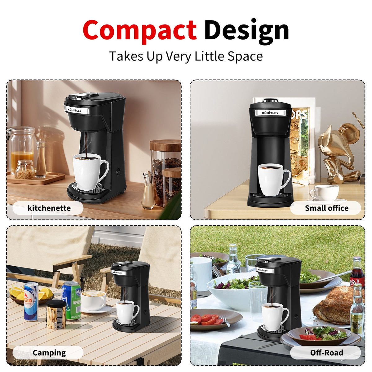 2 in 1 Single Serve Coffee Maker for K Cup Pods & Ground Coffee, Mini K Cup Coffee Machine with 6 to 14 oz Brew Sizes, Single Cup Coffee Brewer with One-Press Fast Brewing, Reusable Filters,Black