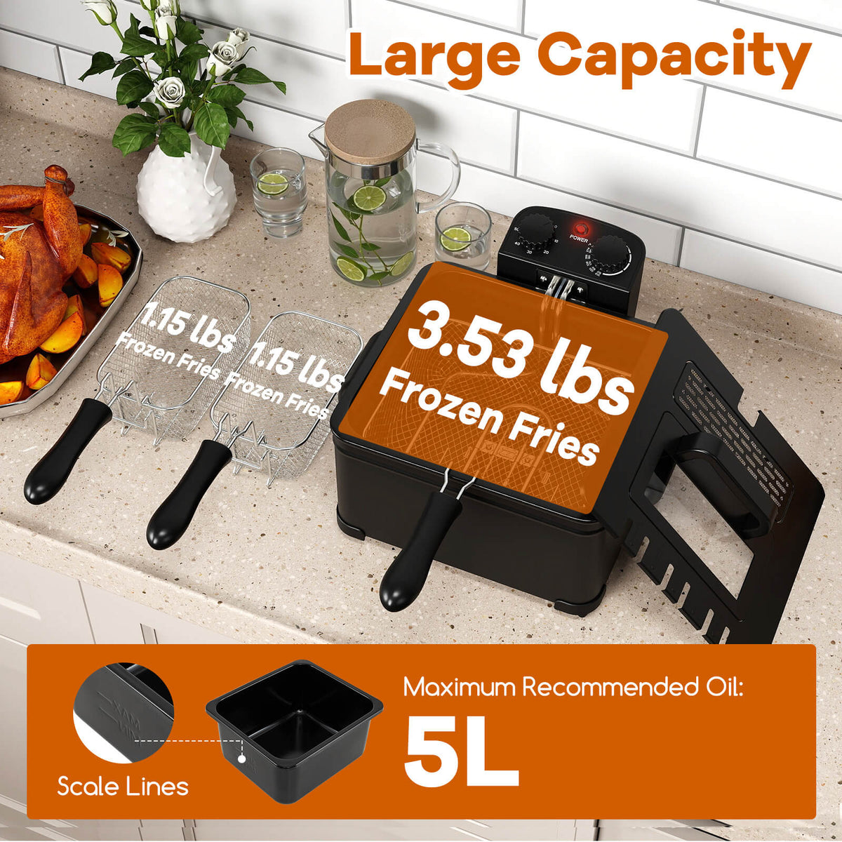 Costway Electric Deep Fryer 5.3 QT/21-Cup Stainless Steel 1700W with Triple Basket Silver