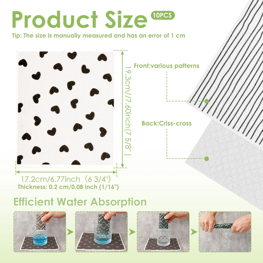 10 Pcs Swedish Dishcloths Reusable Kitchen Dish Towels Absorbent Dishcloths Washable Cellulose Sponge Cloths Quick Drying Cleaning Cloths Soft Kitchen Dish Cloth, 7.7 x 6.7in