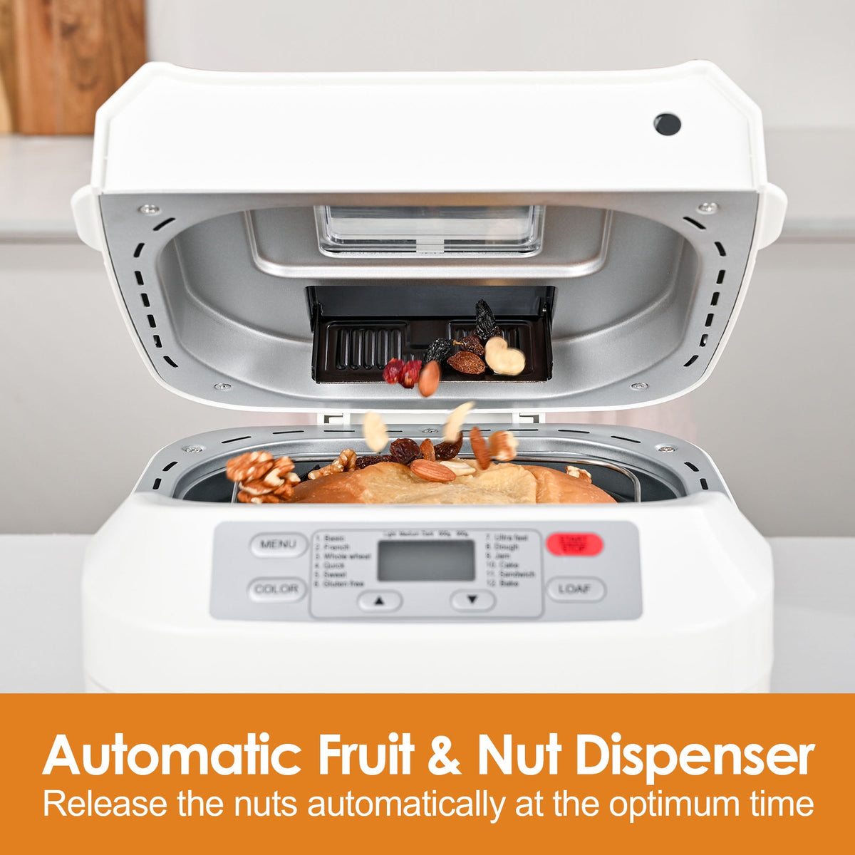 Kitchen in the Box 2lb Bread Maker with Auto Fruit Nut Dispenser, 12-in-1 Gluten-Free Bread Machine, 13H Delay Timer, Nonstick Pan, Keep Warm, White