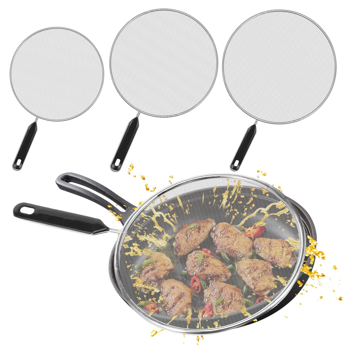 3 Piece Stainless Steel Fine Mesh Splatter Screen Set, 13", 11.4", 9.8" Splatter Screen for Frying Pan, Grease Splatter Guard with Heat-Resistant Handles