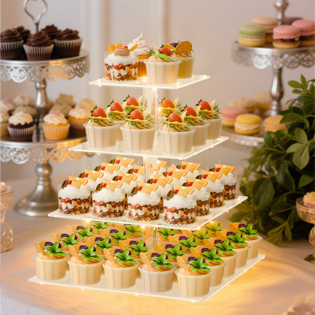 TINANA 4 Tier Acrylic Cupcake Stand with LED Light, Premium Dessert Tower Display Holder for Weddings, Birthday Parties, Candy Bar Décor, Yellow Light