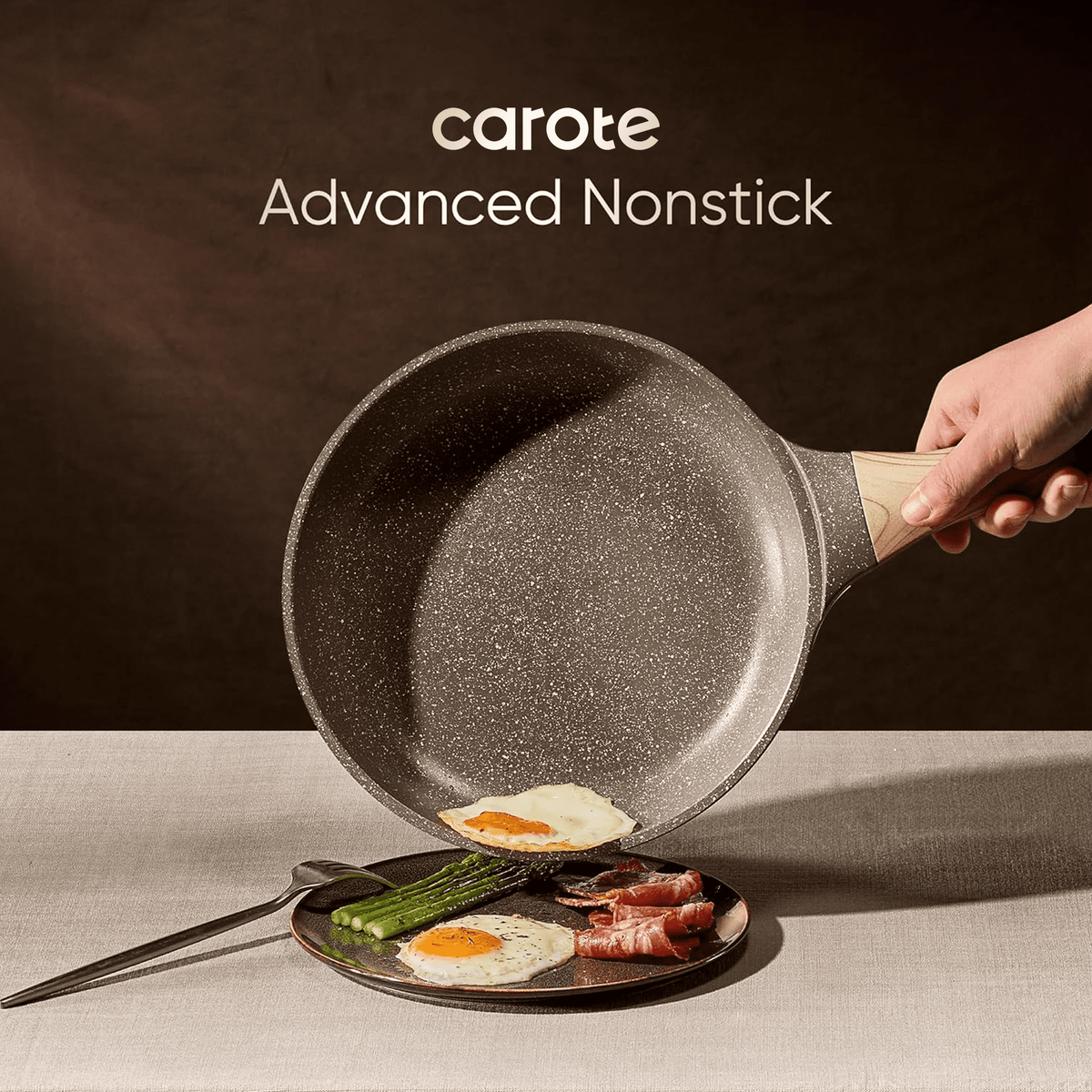Carote 18-Piece Nonstick Pots and Pans, Granite Cookware Set with Kitchen Utensils, Brown