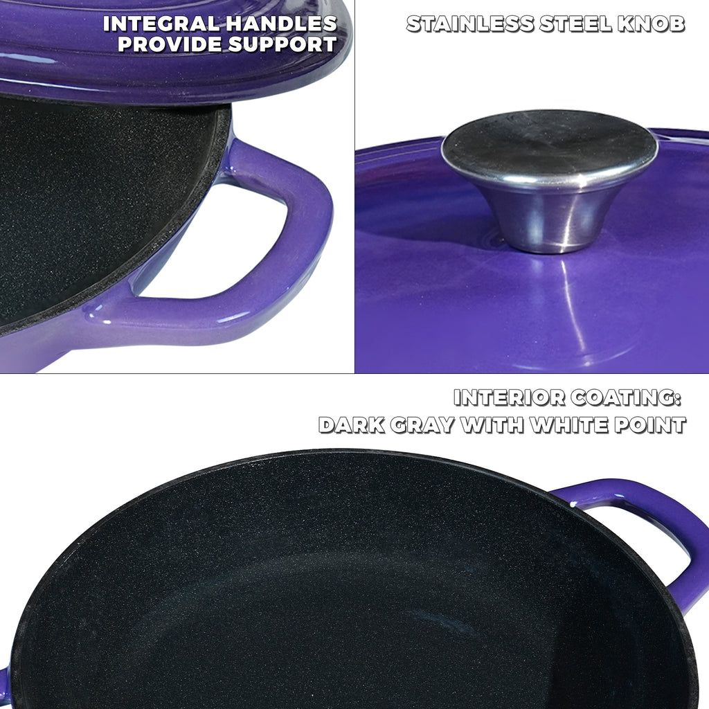Flavehc Braiser Enameled Cast Iron Braiser 3 qt Braiser Pan with Lid Purple Shallow Cast Iron Casserole Braiser Pan with Handels