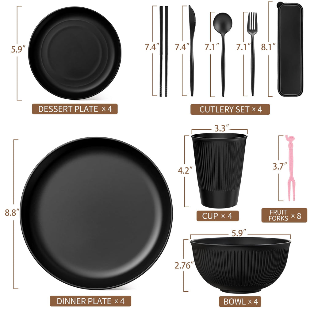 TINANA Wheat Straw Dinnerware Set, Service for 4, 48 PCS Unbreakable Plastic Plates and Bowls Sets, Dishwasher Microwave Safe, Black
