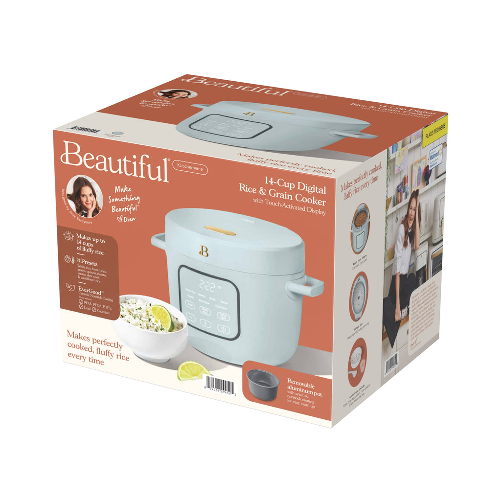 Beautiful 14-Cup Cooked, 6-Cups Uncooked Electric Rice and Grain Cooker, EverGood Ceramic Nonstick Coating, Thyme Green by Drew Barrymore