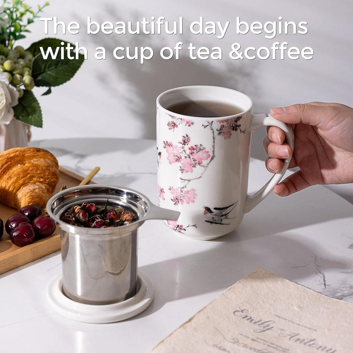 AmorArc Porcelain Tea Mug with Infuser and Lids, 18 Oz Cup Strainer Bag Holder for Loose Leaf Tea, Steeping Coffee Well-wrapped Box House-warming Wedding Birthday Gift, YelloRed