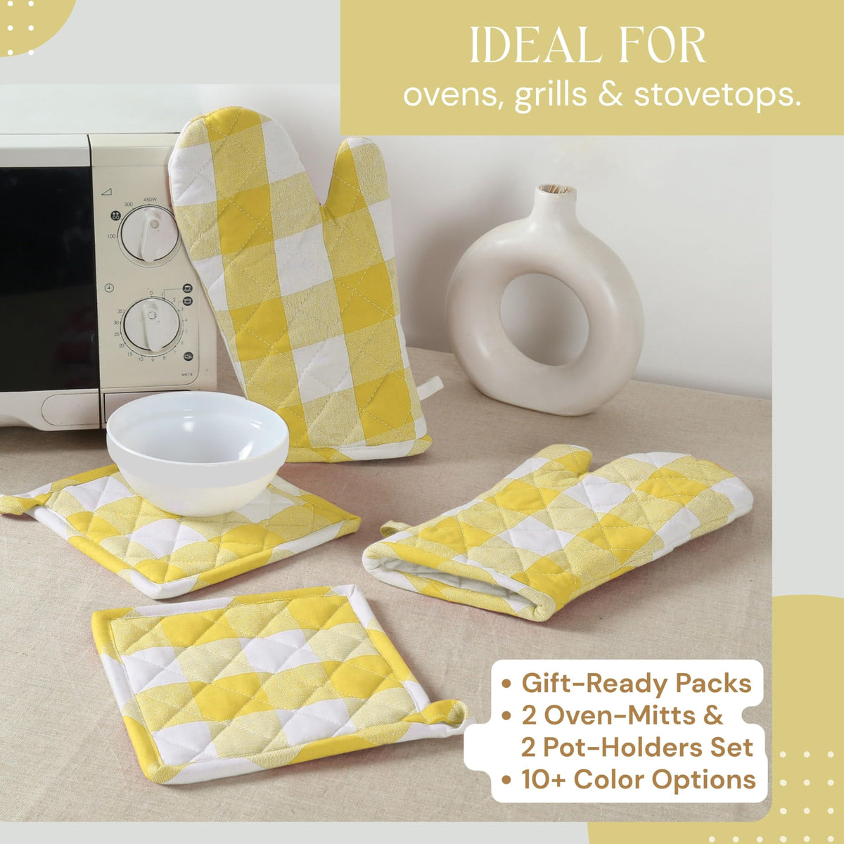 Softopia Cotton Buffalo Plaid Check Oven Mitts and Pot Holders Set, 100% Cotton, Heat Resistant, 2 Oven Gloves 7x13 Inches and 2 Hot Pads 8x8 Inches for Cooking and Baking, Lemon Yellow White