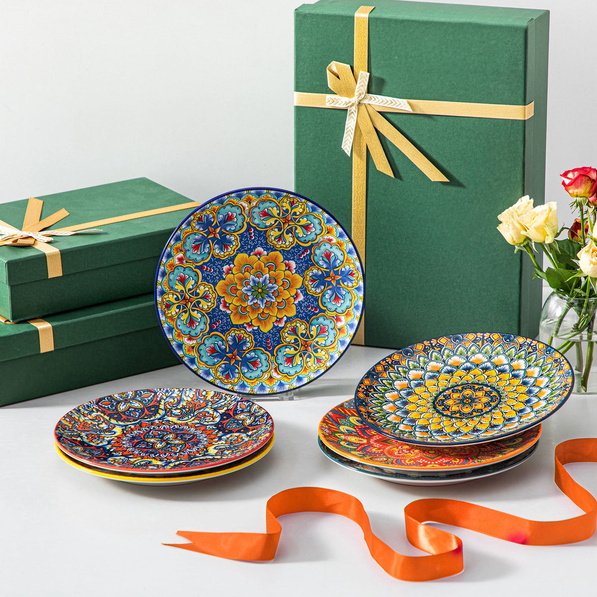 Vancasso Dinner Plates Set of 6, 8.5" Ceramic Dessert Plates, Dinnerware Dishes Set for Salad, Snack, Cake, Microwave & Dishwasher Safe, Bohemian Style, Series LUMI