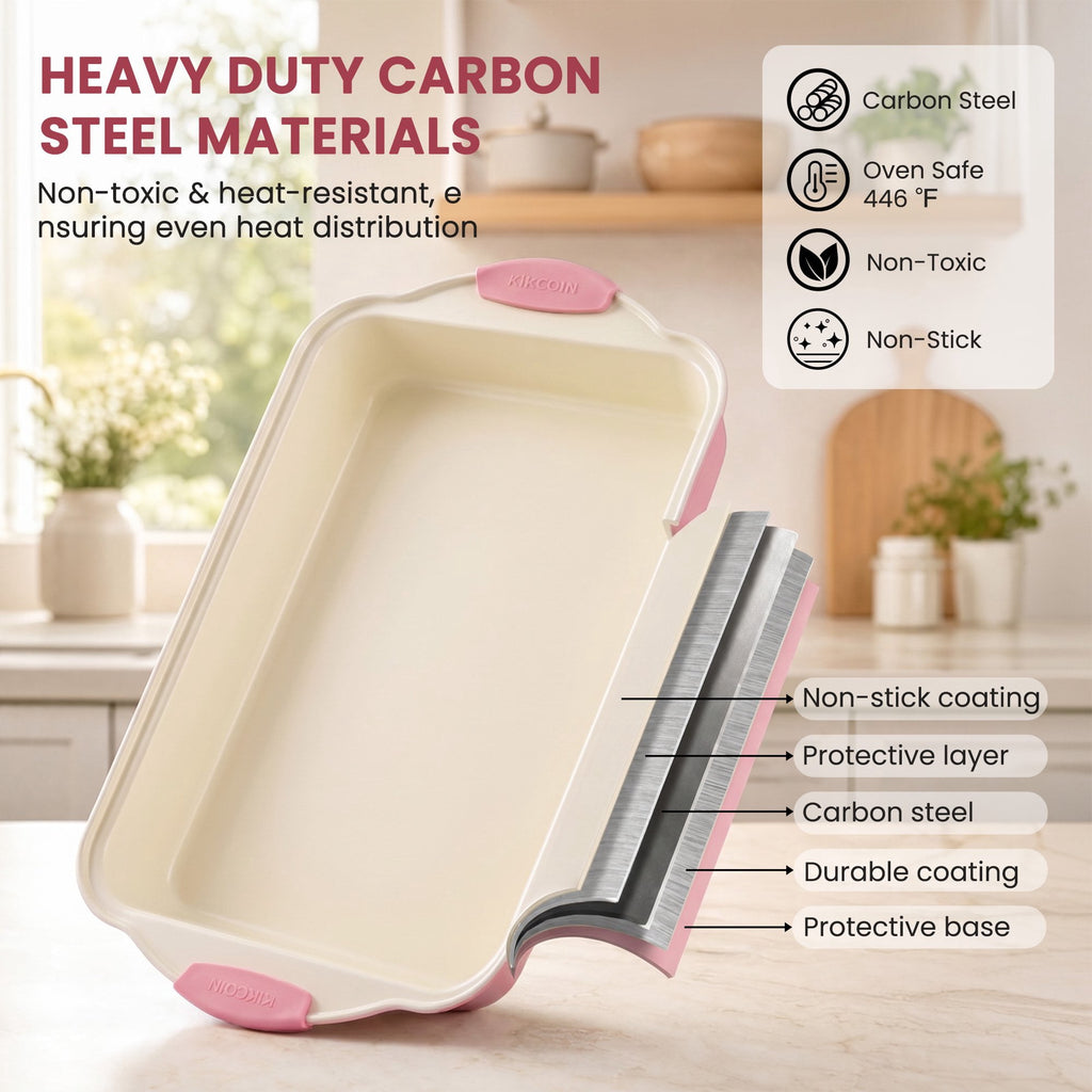 Kikcoin Bakeware Set, 21-Piece Baking Pans Set Kitchen Carbon Steel Baking Sheet Pans with Silicone Handles, Cookie Sheets Nonstick(Beige)