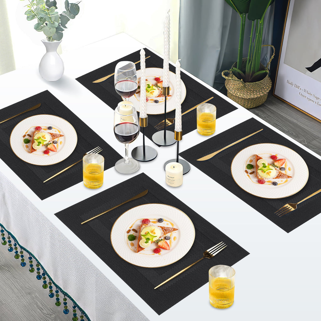 VCVCOO Navy Blue Placemats Set of 4 - Easy Clean Washable PVC Vinyl Placemats - Wipeable Heat Resistant Woven Table Mats for Dining Table - 12x18 inch