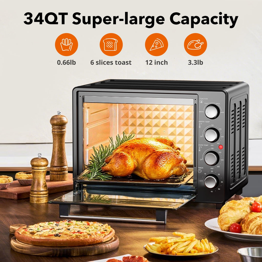 34 QT Super-Large Air Fryer, Electric Toaster Oven Countertop, Pizza, Warm, Broil, Toast, Bake, Air Fry, 1500W, 5 Functions, 85% Oil-Less