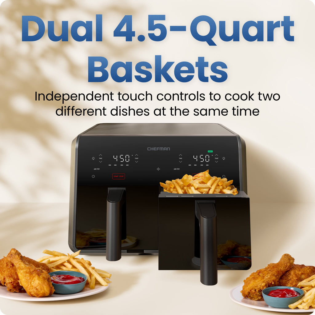 Chefman 9-Quart TurboFry Dual Basket Easy-View Air Fryer, 450°F Max Temp - Black
