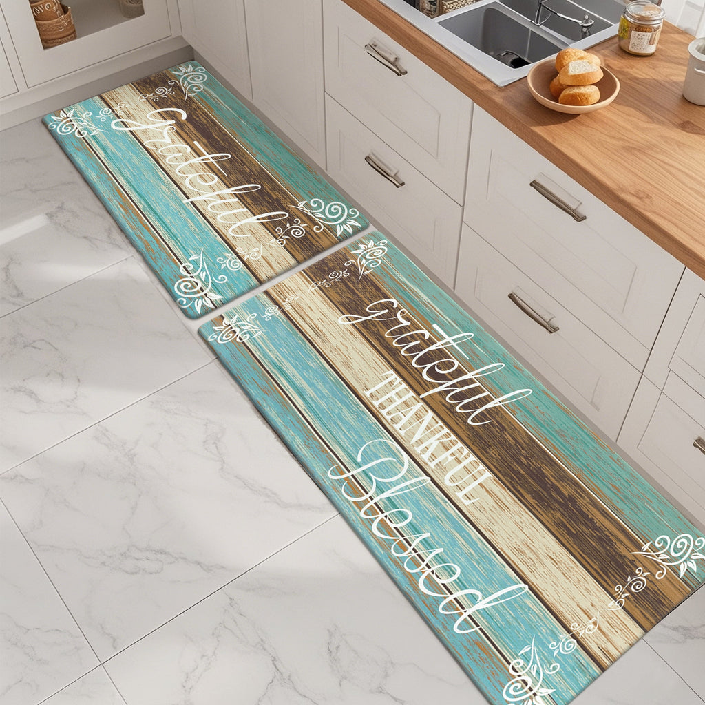 MeyJey Farmhouse Kitchen Rug Set of 2, Non-Slip Anti-Fatigue Waterproof Cushioned Mat for Kitchen, Dining & Laundry Room, 18"x30"+18"x48" Teal/Brown