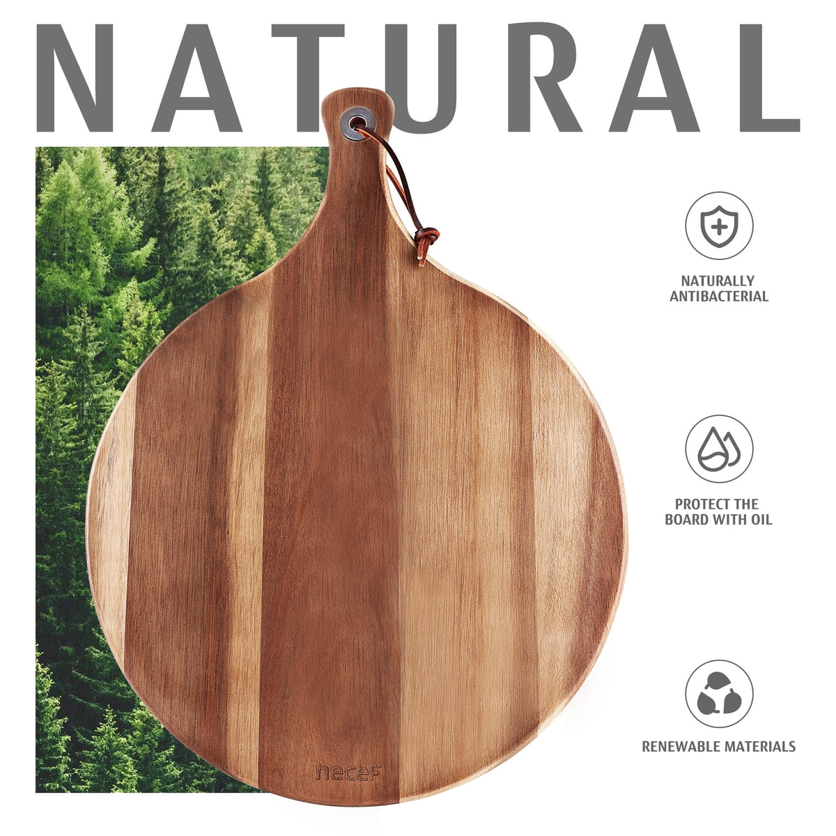 Hecef 12in Round Charcuterie Board with Handle, Acacia Wood Cutting Board Cheese Serving Tray for Pizza Fruits Cheese Bread