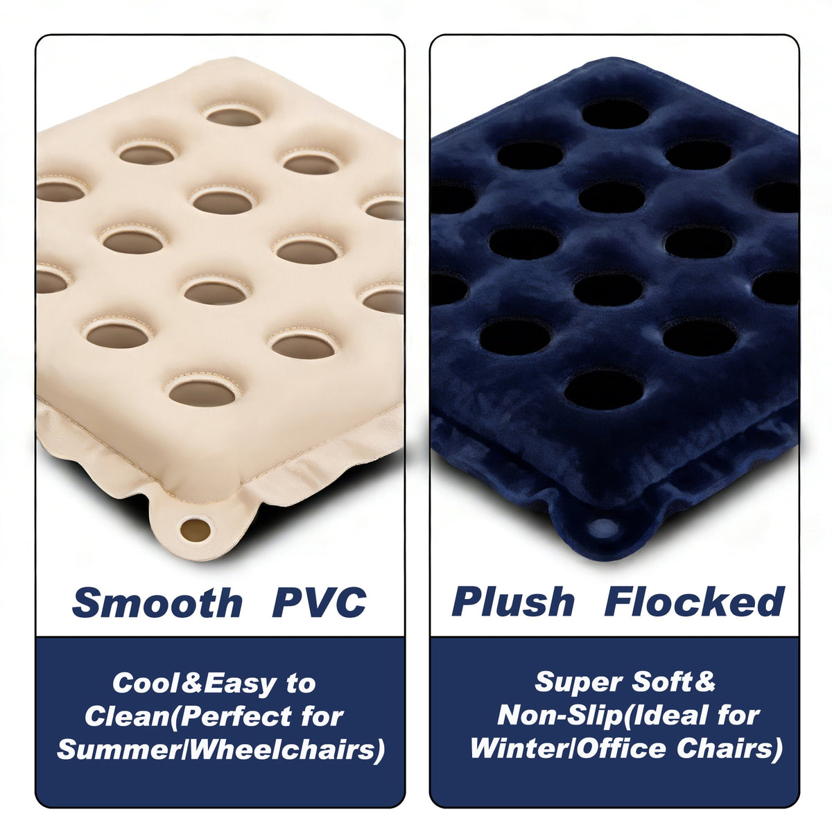 2 Pack Inflatable Seat Cushions,Pressure Relief 16 hole breathable Cushion,for Office Chairs,Car Seats,Wheelchair waterproof Cushions,with Air Pumps,Portable and Comfortable（Flocked Navy+PVC Beige)