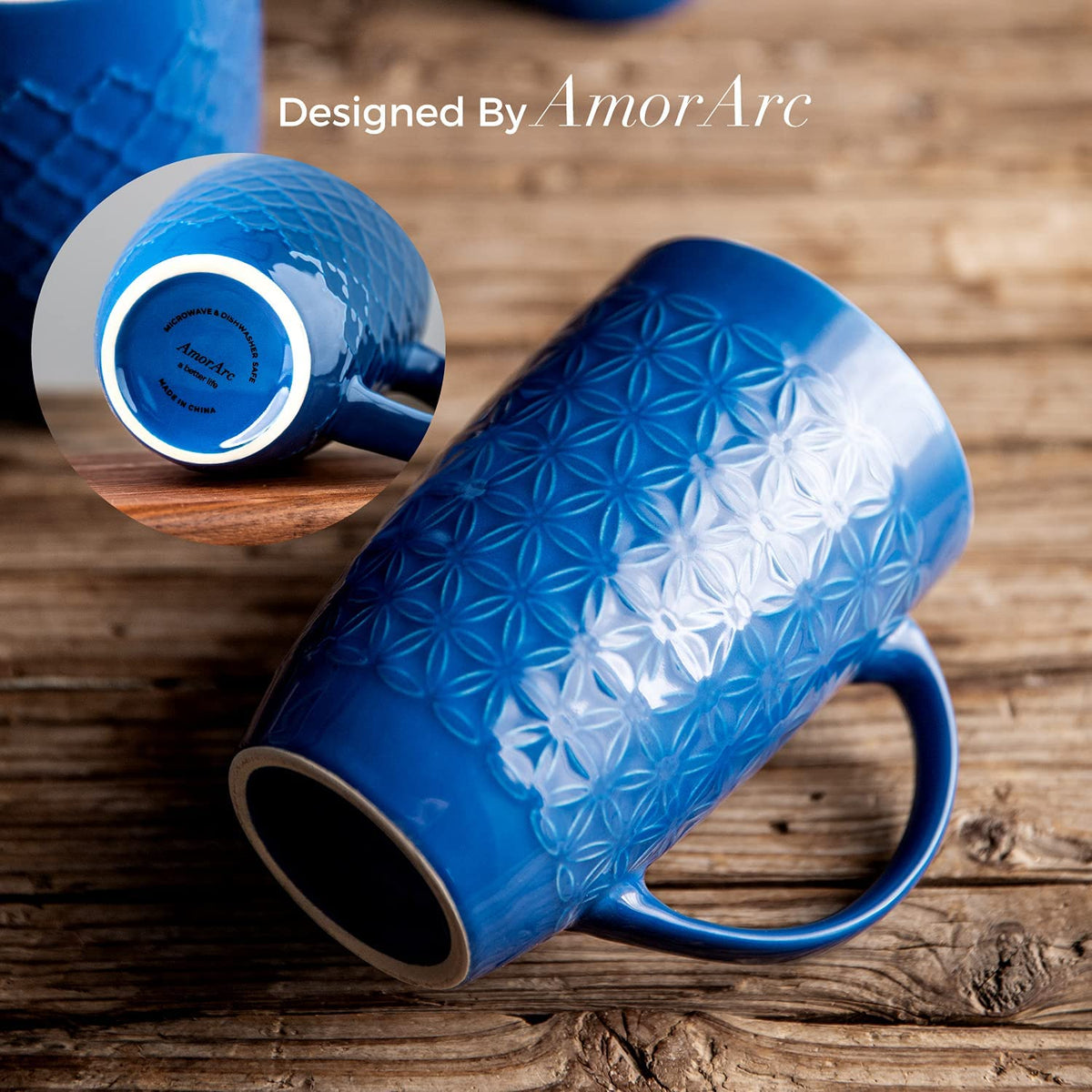 AmorArc Extra Large Coffee Mugs Set of 6, 20oz Ceramic Tall Coffee Mugs Set with Textured Geometric Patterns for Coffee/Tea/Beer/Hot Cocoa, Dishwasher & Microwave Safe,Beige