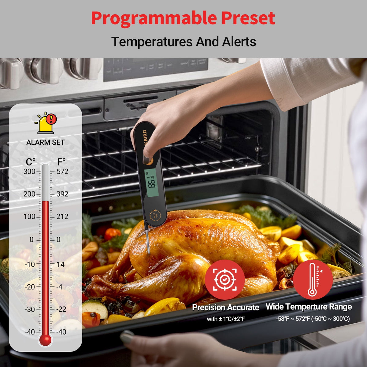 INKBIRD Meat Thermometer with Stainless Steel Probe and LCD Display, Foldable Probe Instant Read Waterproof Digital Food Thermometer , -58°F to 572°F