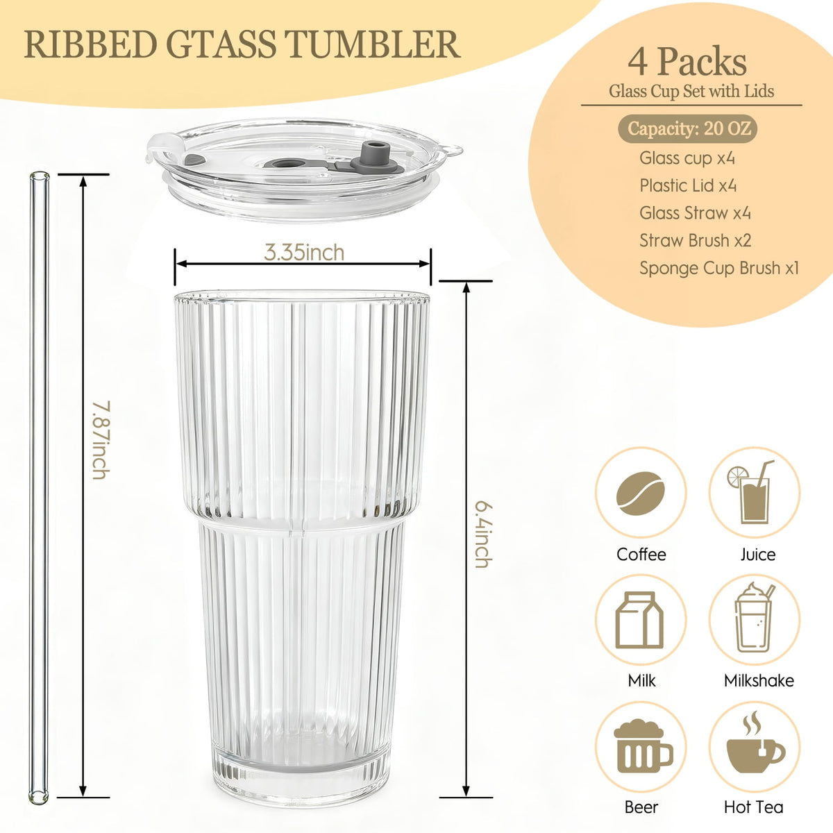 TAIMASI 4-Pack Ribbed Glass Tumblers with Lids, Straws and Cleaning Brush, 20oz Leakproof for Iced Coffee，Cocktails, Juice