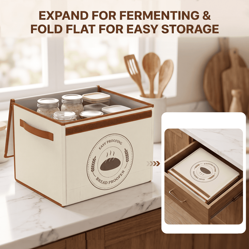 MYMULIKE Foldable Bread Proofing Box, 600D Oxford 50-113°F Temp Control & 48H Timer, 3-Side Heat Steel Rack for Sourdough, Bread, Pizza, Yogurt, Kombucha