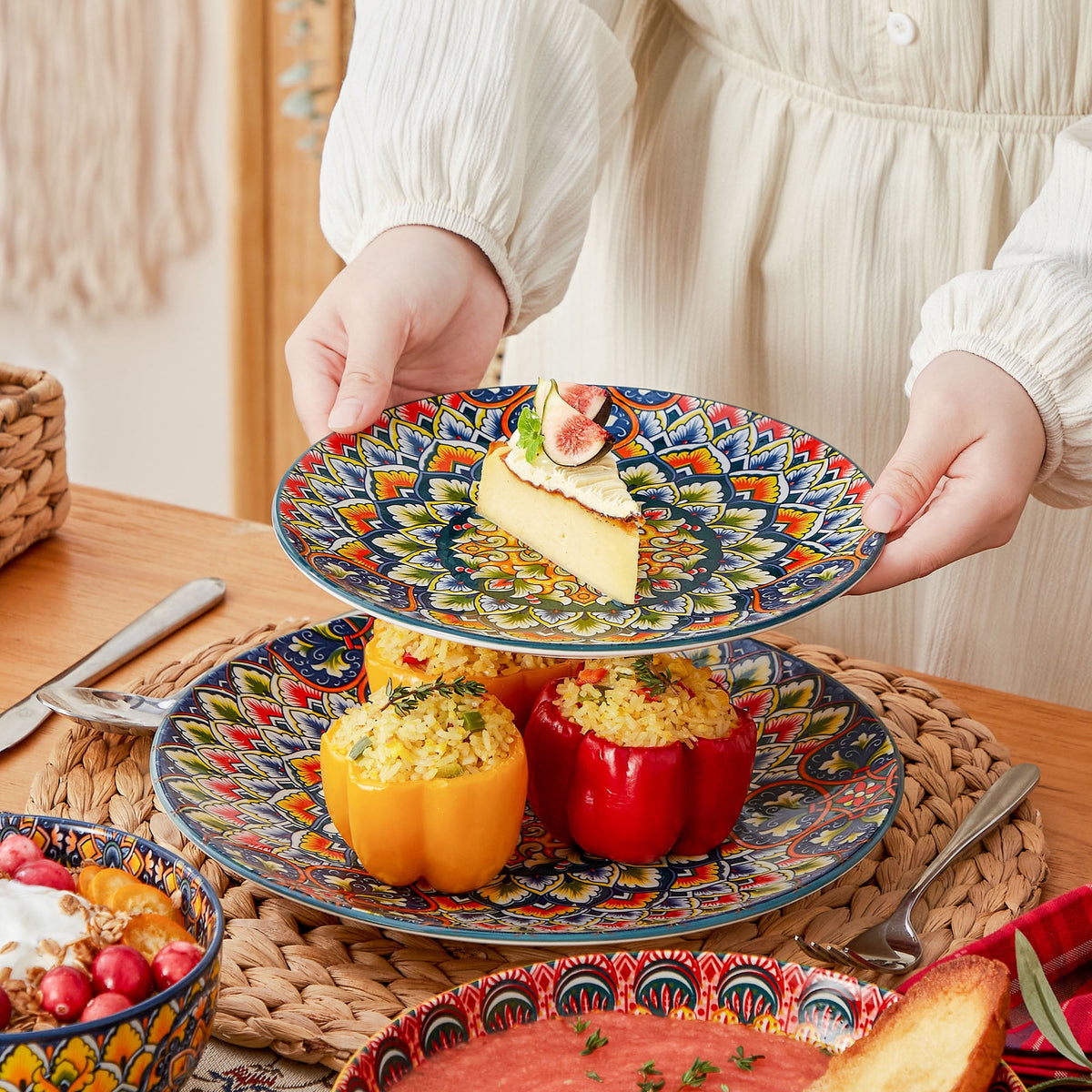Vancasso Dinnerware Set, Porcelain Plates and Bowls Set for 4, 12 Pieces Ceramic Boho Dish Set for Kitchen, Dishwasher and Microwave Safe, Series LUMI