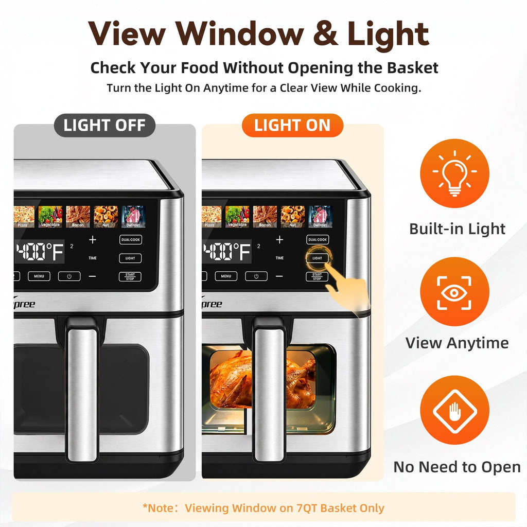 LifeImpree 11 QT Dual Basket Air Fryer with Viewing Window, 1800W Digital Air Fryer, Sync Finish & Dual Cook, 12 One-Touch Presets, 100°F–400°F