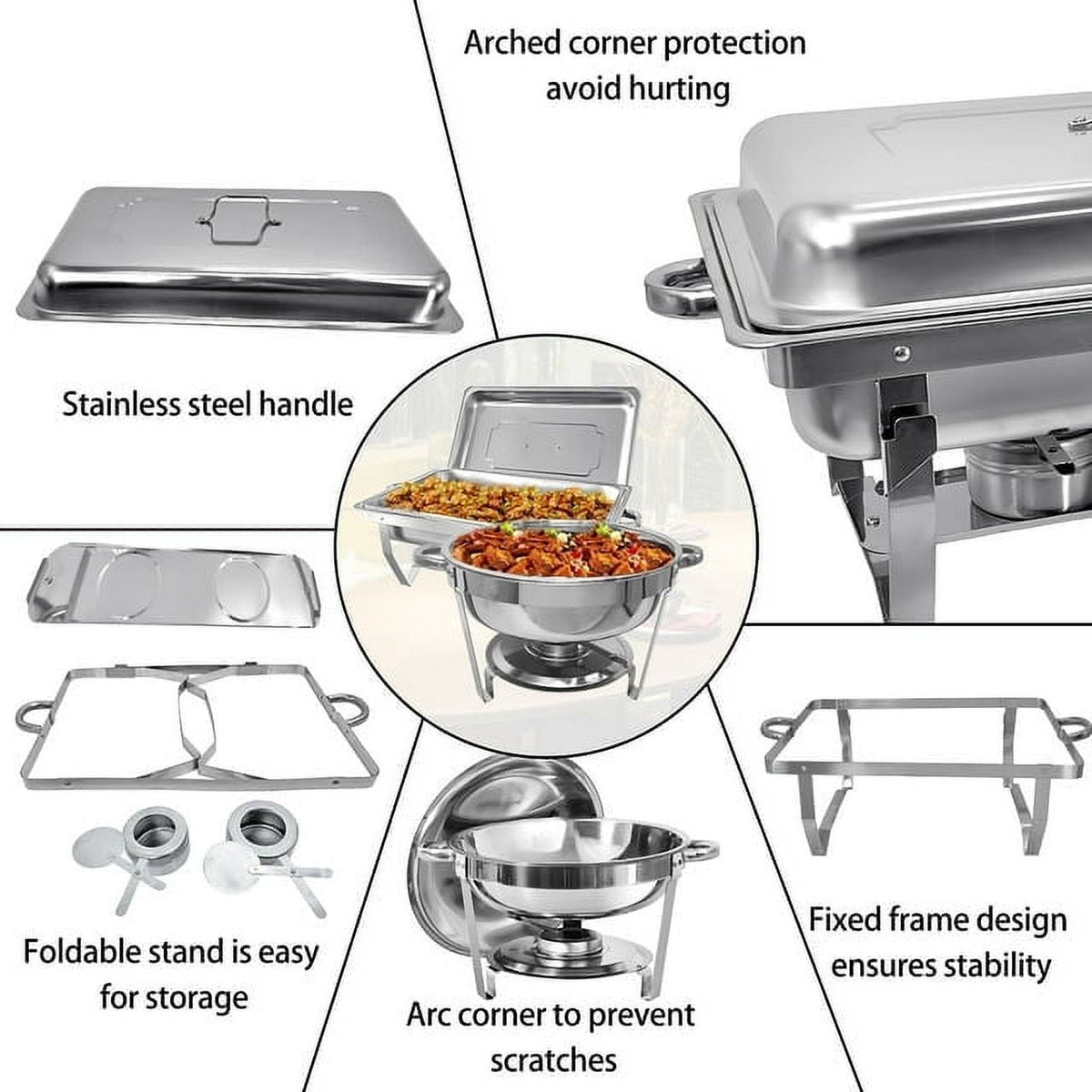 Jacgood Chafing Dish Buffet Set 4 Pack 8QT Full Pan Stainless Steel Food Warmer Chafer Complete Set with Water Pan, Chafing Fuel Holder for Home Party, Buffets, Wedding, Banquet, Catering Events