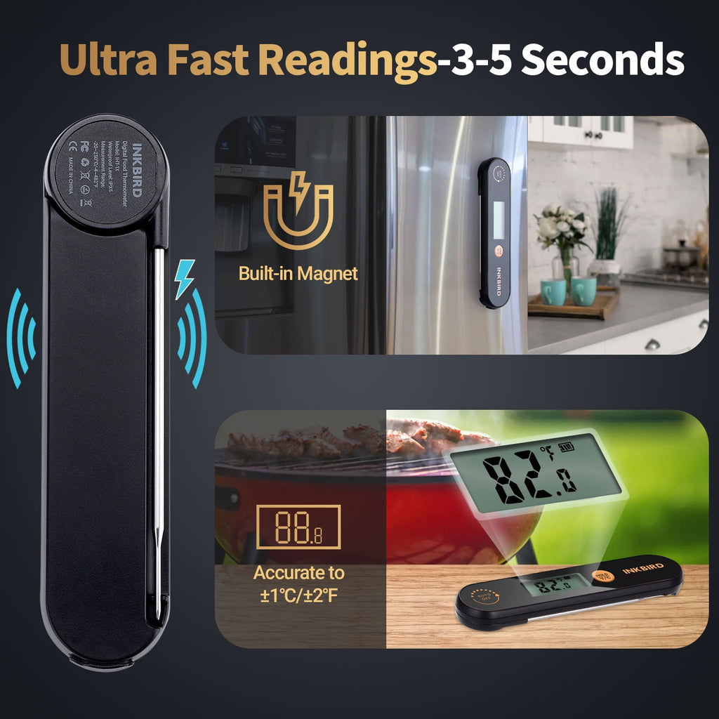 INKBIRD Meat Thermometer with Stainless Steel Probe and LCD Display, Foldable Probe Instant Read Waterproof Digital Food Thermometer , -58°F to 572°F