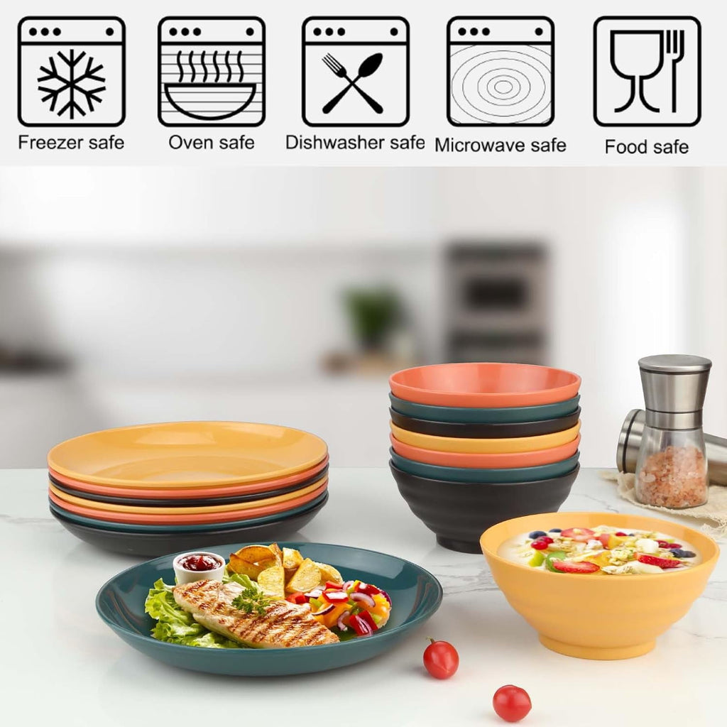 Bestdin Black Dinnerware Set for 4, 16 Pieces Plastic BPA-Free Dinner Plates, Salad Plates, Cereal Bowls, Cups, Unbreakable Plates and Bowls Sets for Kitchen, Microwave and Dishwasher Safe