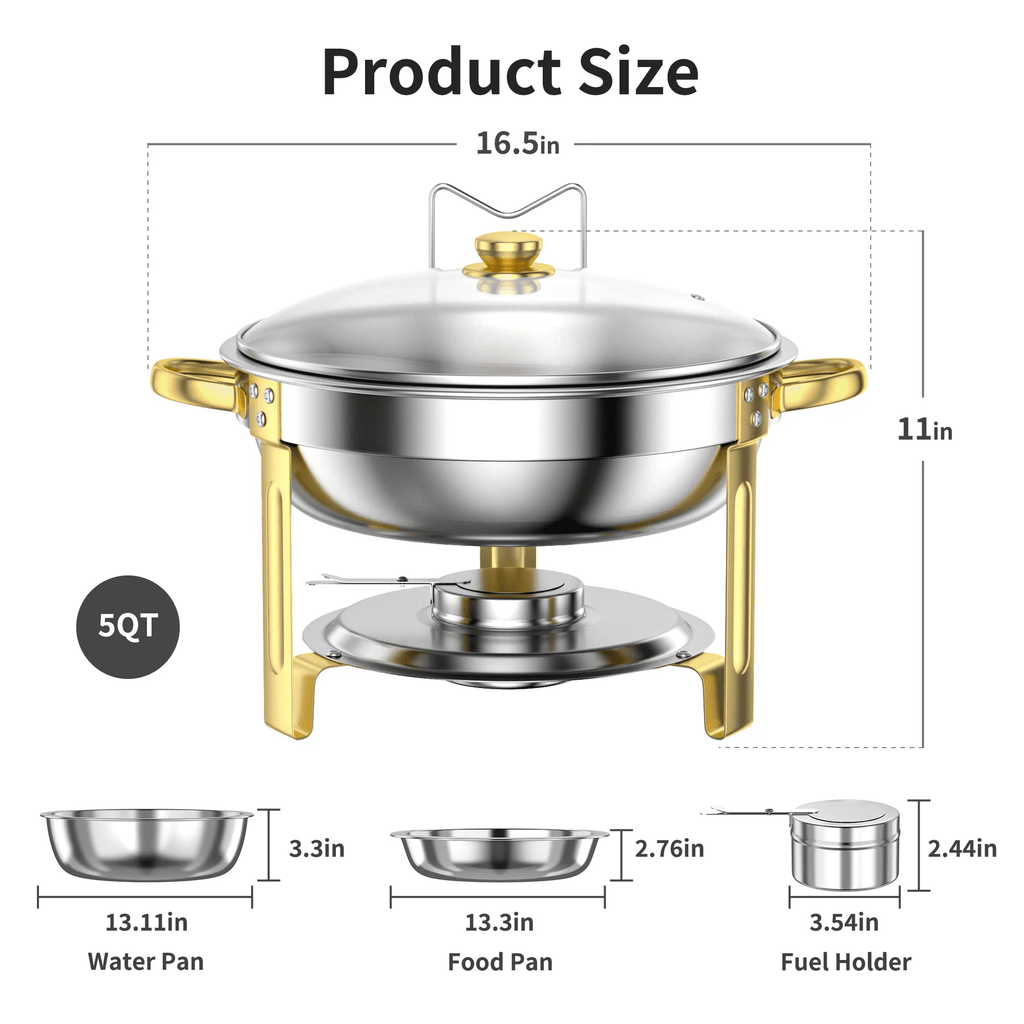 Chafing Dish Buffet Set 4 Pack: TINANA 5QT Stainless Steel Chafing Dishes for Buffet with Glass Lid & Lid Holder, Round Chafers and Buffet Warmers Sets for Parties, Events, Wedding, Camping, Dinner