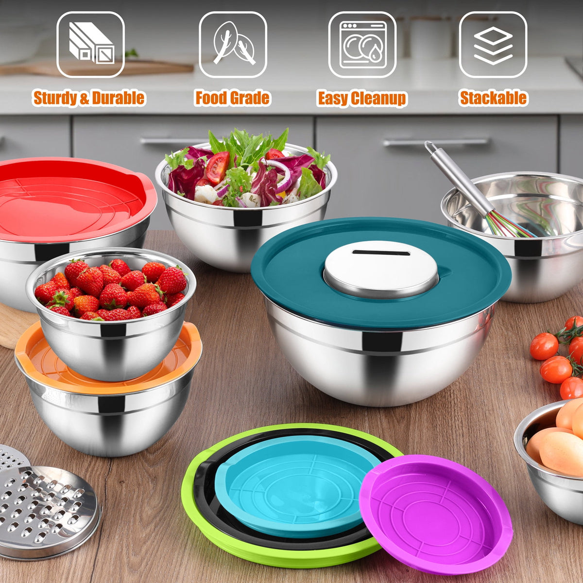 Mixing Bowls with Lids Set of 5, Vesteel Stainless Steel Mixing Bowls Metal Nesting Salad Bowls, Size 4.5, 3, 1.5, 1, 0.7 QT Great for Cooking, Baking, Serving - Multi-Color