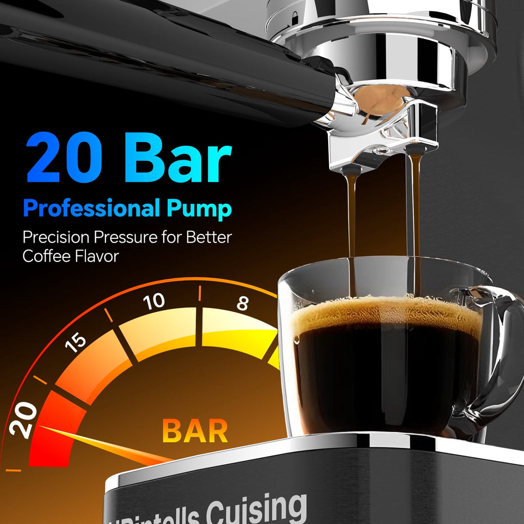 URintells Cuising Espresso Machine, Color Touchscreen, 20 Bar Coffee Maker, Milk Frother, 1350W, Stainless Steel, for Cappuccino Latte, Cold Brew
