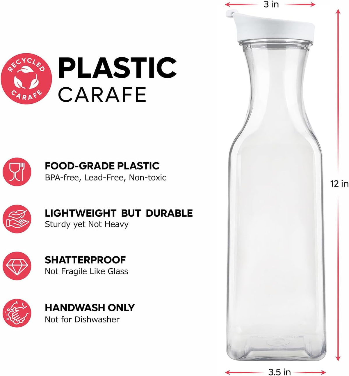GUSTO Water Carafe with Flip Top Lid Plastic Pitcher Jug, 50 oz, 2-Pack