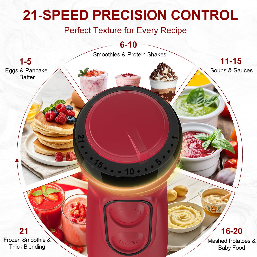 CUOCCO PRO Immersion Blender Handheld, 1100W Hand Blender with 21 Speeds & Turbo, Hand Mixer for Smoothies, Soups & Baby Food, Dishwasher Safe, Red