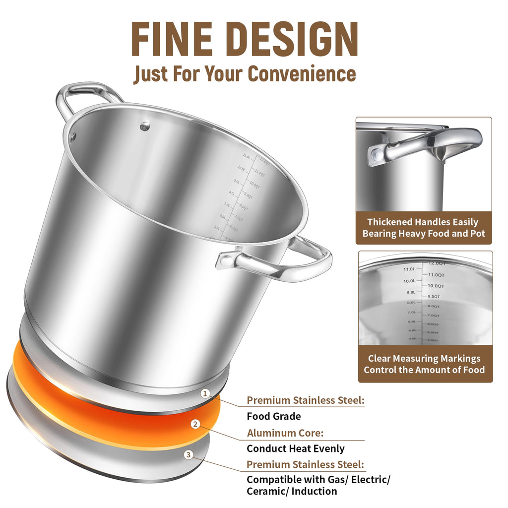 Coliware Large Stock Pot, 12 QT Trip-Ply Bottom Stainless Steel Cooking Pot with Tempered Glass Lid, Soup Pasta Cookware Compatible with Gas Induction Electric Stoves, Ollas de Cocina