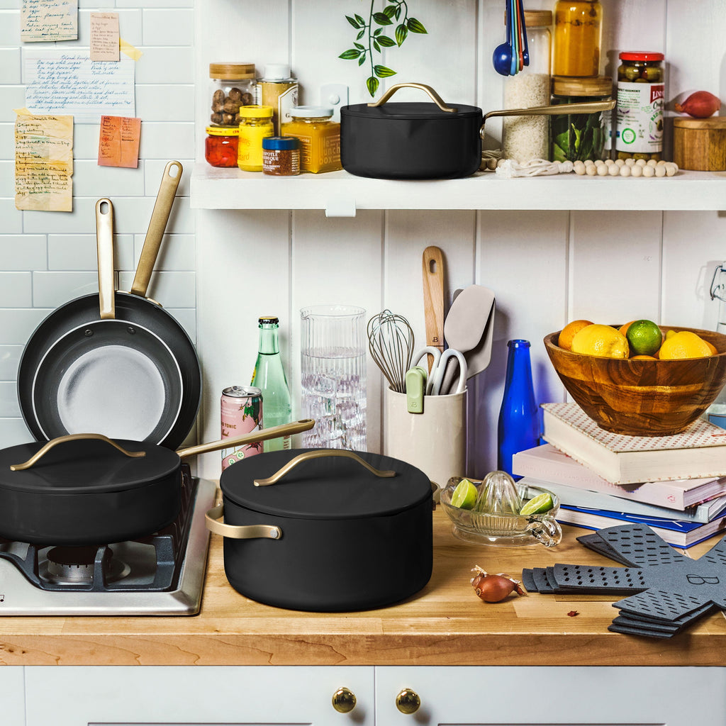 Beautiful 12-Piece Cookware Set, Pots and Pans with Strainer Lids and EverGood Ceramic Nonstick Coating, White Icing by Drew Barrymore