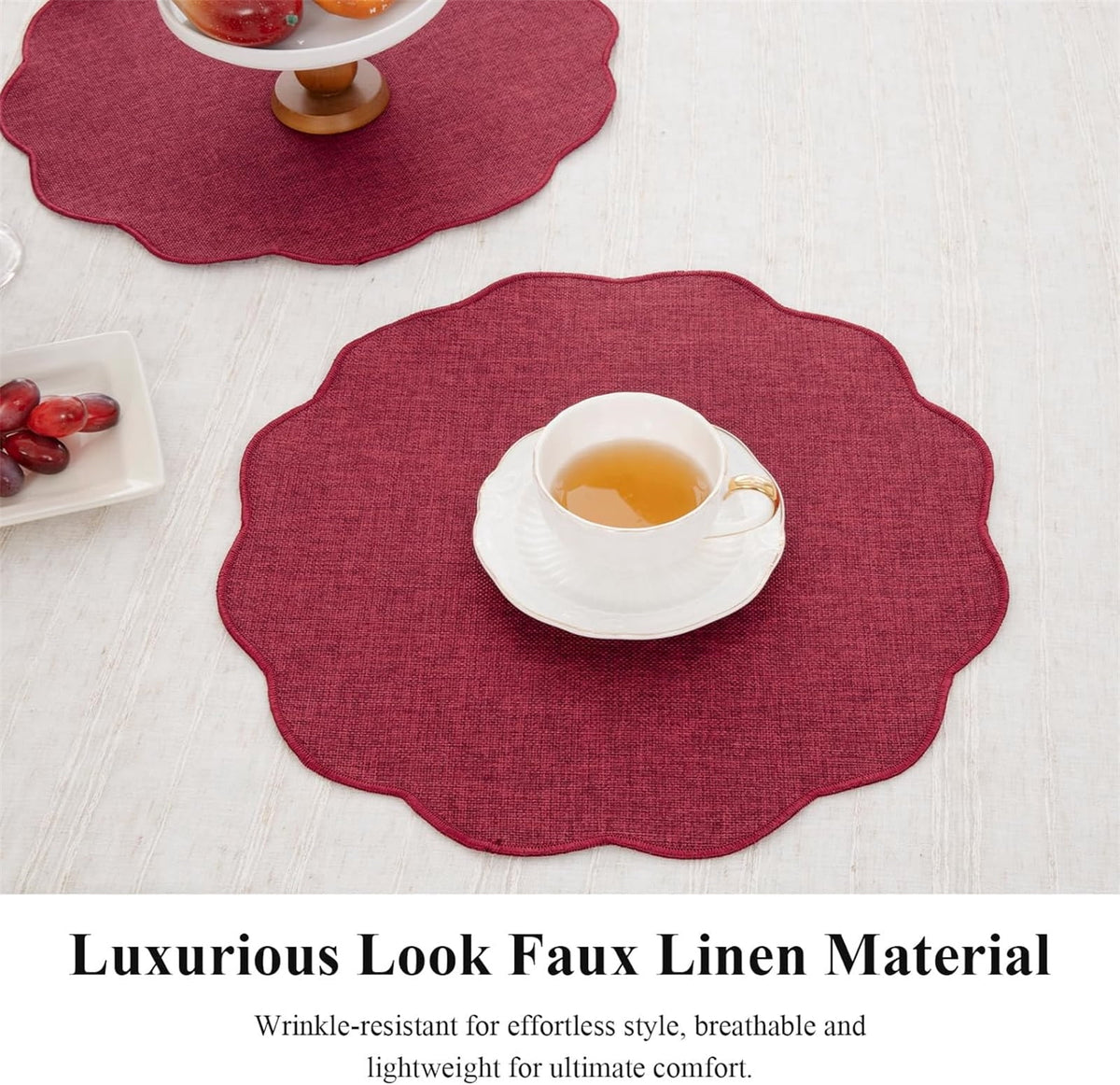 Ileading Scalloped Round Placemats Set of 6 Polyester Linen Blend Washable Non Slip Place Mats Easy Clean Heat Resistant Table Mats for Kitchen Dining Table Decor
