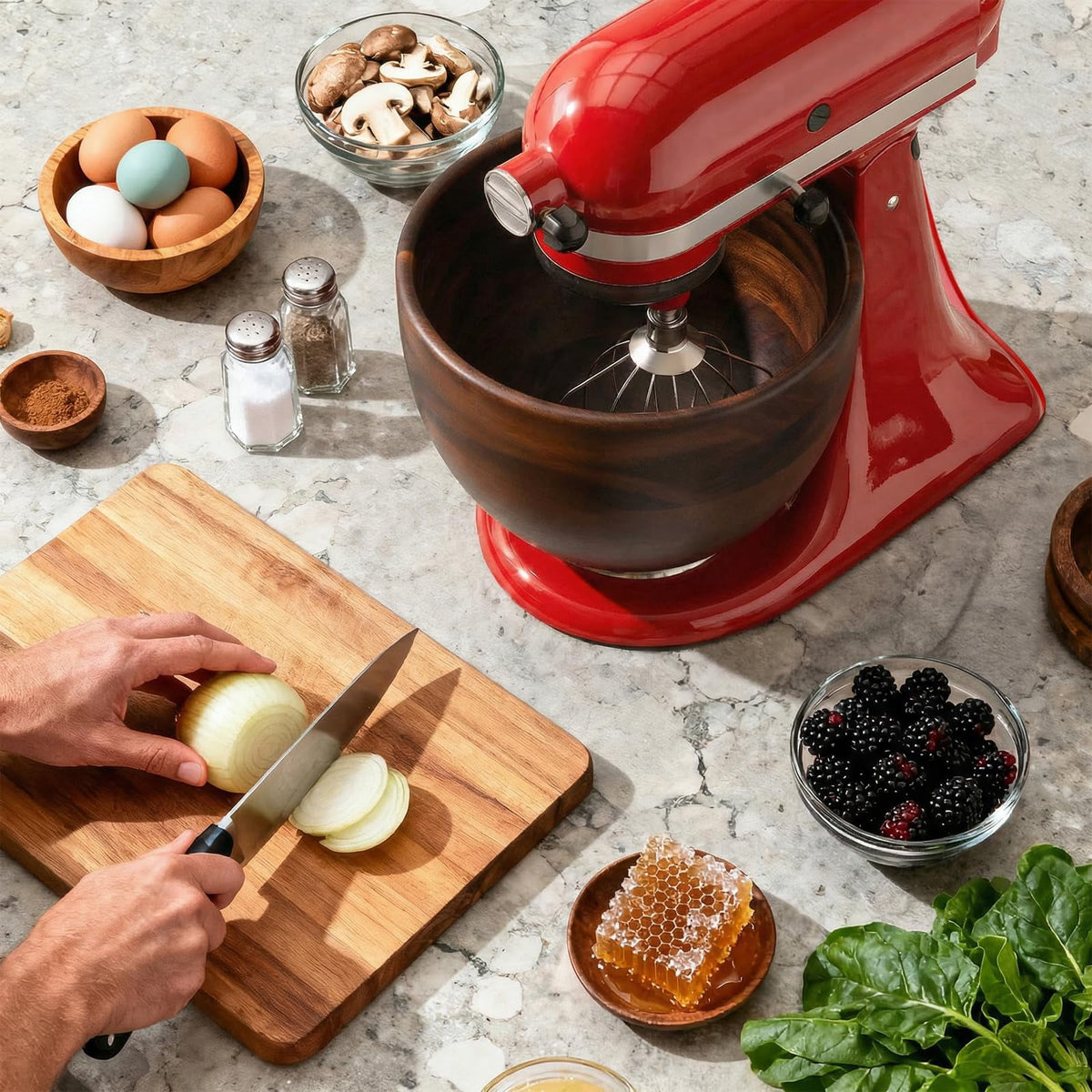 GVODE Premium Natural True Wooden Mixing Bowl Attachment for KitchenAid 4.5-5 Qt Tilt-Head Stand Mixers with Stainless Steel Base