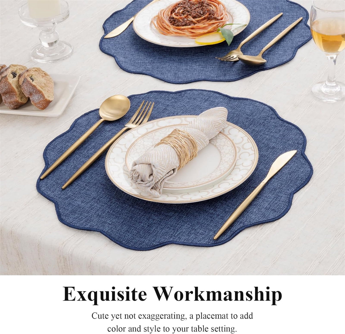 Ileading Scalloped Round Placemats Set of 6 Polyester Linen Blend Washable Non Slip Place Mats Easy Clean Heat Resistant Table Mats for Kitchen Dining Table Decor