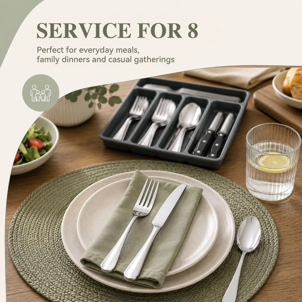 TINANA 48 PCS Silverware Sets with Organizer, Silver Flatware Set Set for 8, Stainless Steel Cutlery Utensil Set with Steak Knives Forks and Spoons